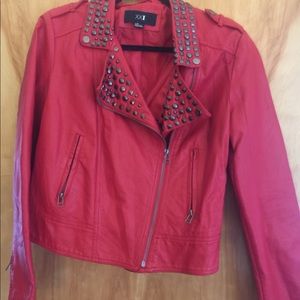 Red faux leather studded jacket